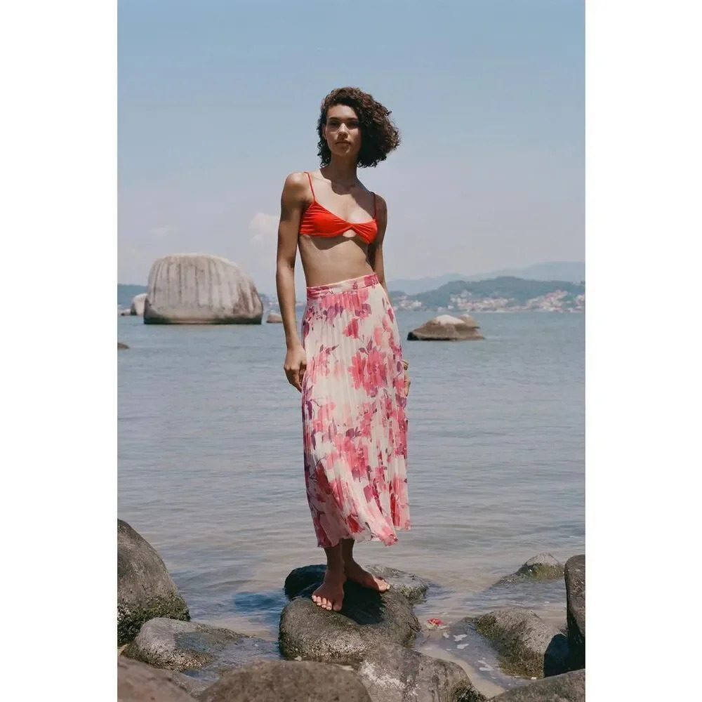 Zara Metallic Thread Floral Print Pleated Midi Skirt